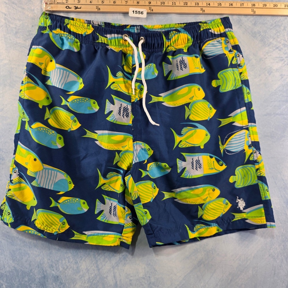 US Polo Assn Mens Swim Trunks Medium Navy Blue Tropical Fish Board Shorts Mesh